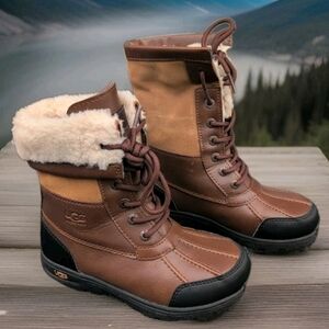 Ugg Butte II CWR Boots Kids 1 Brown Leather Sheepskin Lined Waterproof Snow